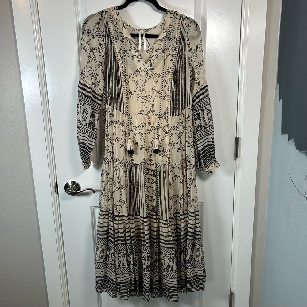 Anthropologie Talulah Cream and Black Ruched‎ Tiered Midi Dress Size XS Boho - Picture 2 of 16